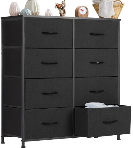 DUMOS Kommode für Schlafzimmer mit 7 Stoffschubladen, hohe Kommode Organizer für Kleidung, Schrank Kinderzimmer, Aufbewahrungsturm mit Schrank, Metallrahmen, Holzplatte, leichte Kinderzimmermöbel