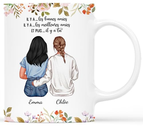 Cadeau Plus Mug Personnalisé Prénom - Il Y A Toi Avec Fleurs - Cadeau Personnalisé Meilleure Amie, Idee Cadeau Copine, Tasse Personnalisable Amitie, Mug Amie (3 femmes)