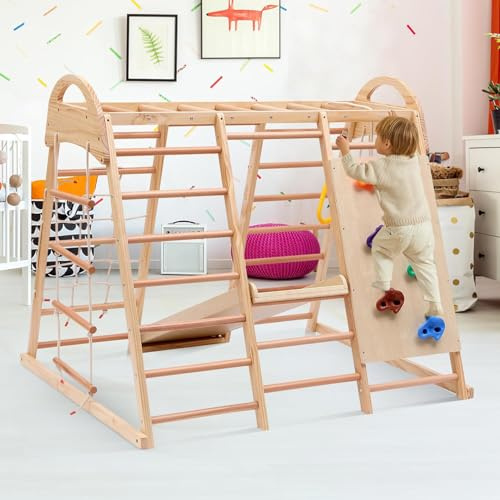 DHMYDPDZ 7 in 1 Kinder Holz Klettergerüst Indoor und Outdoor,Tragfähigkeit:50 kg,Schaukel,Kletterleiter,Kletterplattenrutsche,EIN Netz zum Klettern,Kletterstein Kunststoff,Ringe,Kann als Zelthaus