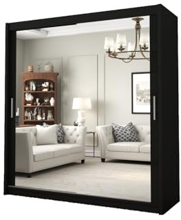 DELUXEWARE 2&3 Sliding Door Wardrobe - Elegant Wardrobe with Double Full-Length Mirror, Hanging Rail & Shelves | Sleek Matt Finish Bedroom Wardrobes with Strong Mdf Construction (Black, 203cm)