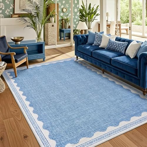 CAROMIO Großer Wohnzimmerteppich, 160 x 230 cm waschbar mit WellenkanteBlau | Rutschfeste, Gezackt, Kurzflorige, Fleckenabweisende, Faltbare Fußmatte, Farbecht, für Schlafzimmer, Büro, Arbeitszimmer