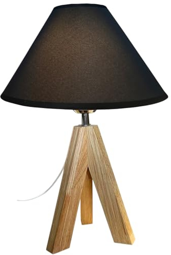 Loxton Lighting Wooden Tripod Table Lamp with 25cm Cotton Coolie Shade, Cream, 37cm Height (Black)