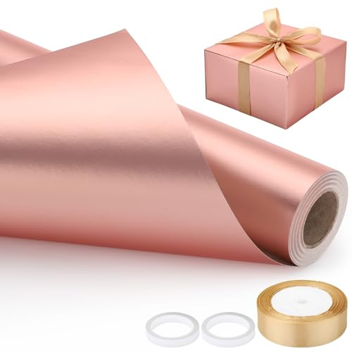 EUSOAR Rose Gold Wrapping Paper - 1 Gift Packing Paper Roll 43cm x 10m, 1 Roll Bow Ribbon, 2 Double-Sided Tapes - Gift Wrap Set for Bouquet Wedding Flower Presents Wrapping