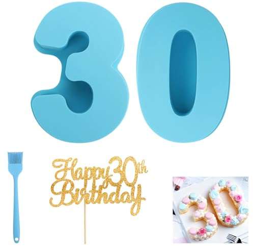 Yzalen Silikon Kuchenform Zahlen, Silikon Backform Zahlen, Eingedickt Number Cake Backform, Zahlenbackform für Hochzeit Jubiläum, Geburtstagstort (blau-30)