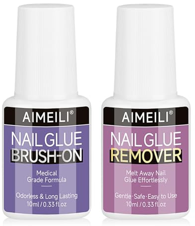 AIMEILI Brush on Nail Glue and Nail Glue Remover Set, Super Strong Adhesive Ultra Bonding, Odorless, Gentle Long Lasting Water Resistant Glue for Press Ons & Nail Tips 10ML