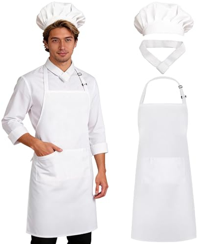 Kochmütze Schürze Set,Schürze Und Kochmütze Set,Einstellbar LätzchenSchürze Mit Taschen,VerstellbareKochmütze Latzschürze,Atmungsaktive Backschürze mit zwei Taschen für Küche Restaurant (weiß-1Pcs)