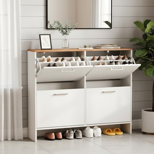 LEADZM Meuble à Chaussures 4 Portes Étroit, 106,5x24x90cm Blanc | Étagère à Chaussures,Séparateur Réglable, pour Entrée, Salon, Chambre