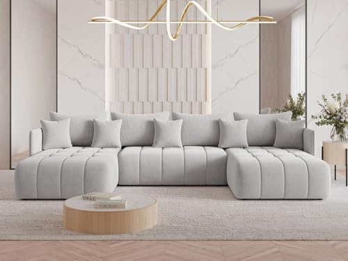 GRAINGOLD Ardi U Ecksofa modern mit Bettfunktion, 353x180 cm, U-Form Sofa, Schlafcouch für Wohnzimmer, Veloursstoff, 5-Sitzer Wohnlandschaft, Ecksofa mit Bettkasten (Grau)