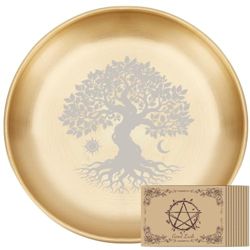 PRESSINART Soporte de Bandeja de Velas de Altar de Patrón de Árbol de 5.55 Pulgada Plato de Vela de Oro para Rituales de Quema de Incienso Cuenco de Ofrenda Redondo de Acero Inoxidable para Velas