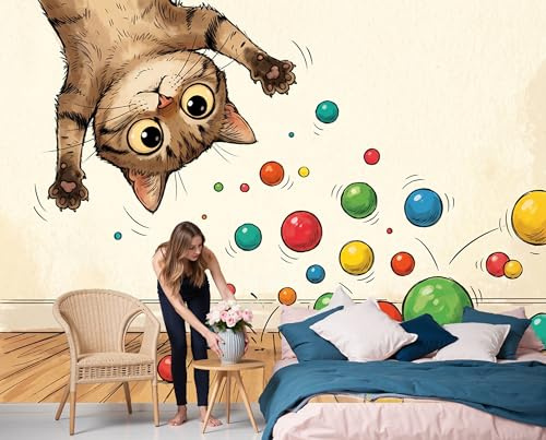 Papier Peint Panoramique Chat À L'Envers Avec Des Balles Colorées Photo Muraux Illustrations Minimalistes Pour Salon Chambre Enfant Chambre Décoration Murale Moderne Poster Tableaux,350X256Cm