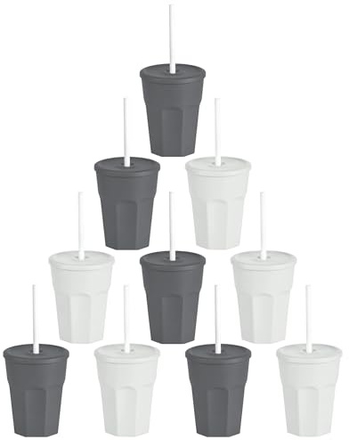 Engelland - 10 x Kunststoffbecher mit Deckel und Strohhalm, Anthrazit/Hell-Grau, Trinkbecher, Party-Becher, Plastik Trink-Gläser, Mehrweg, 0,25 Liter, BPA-Frei, PP Kunststoff