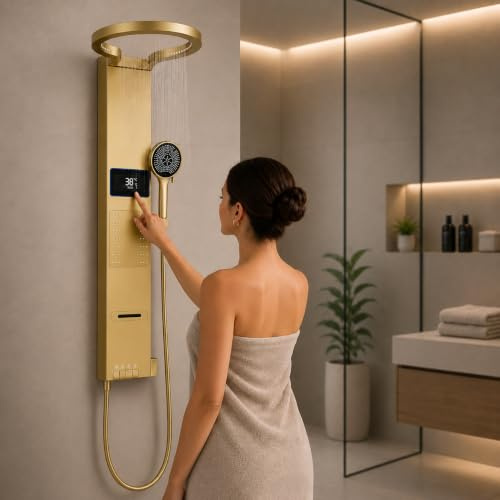 INEX EUROPA Pannello doccia termostatico di lusso color oro - Colonna doccia idromassaggio con 10 anni di garanzia e 4 modalità di funzionamento - Torre doccia alta 105 cm, collezione Daytona
