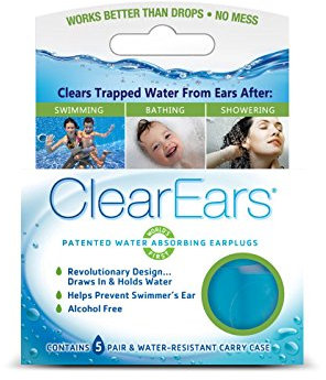 Clear Ears Water Absorbing Earplugs 5 Pairs, for Swimming, Bathing or Showering, Carry Case, for Adults or Kids.