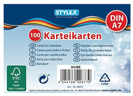Stylex 42677 100 Karteikarten, liniert DIN A7, weiß