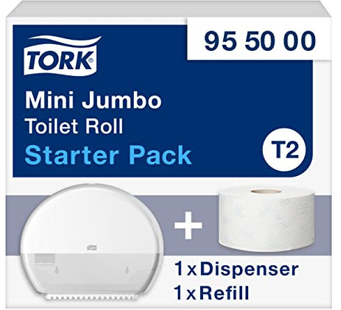 Tork Pack de démarrage pour Mini Distributeur murale de papier toilette rouleau jumbo blanc T2, grande capacité, gamme Elevation, distributeur et 1 consommable, 955000
