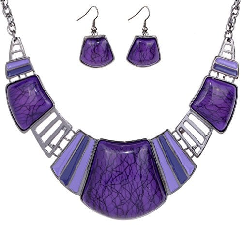 YAZILIND Vintage Ethnic Tibetan Sliver Turquoise Bib Collar Earrings Necklace Jewelry Set Women (1-Purple)