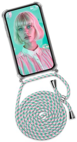 ONEFLOW Handykette für iPhone X/iPhone XS Hülle mit Band, Handyhülle mit Kette abnehmbar, Handyband zum Umhängen, Handy Umhängeband Lange Handykordel, Twist Case – Mint Rosa