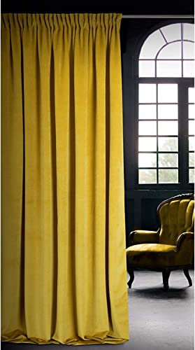 Eurofirany RIA Blickdicht Samtvorhang mit Kräuselband-1 STK. Einfarbig Thermogardine, Verdunklungsvorhänge, Wohnzimmer, Schlafzimmer, Lounge, 290 g/m2, Velvet, SENFGELB, 140x270cm