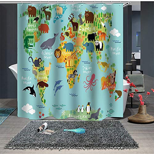 Chickwin Chickw1 Badezimmer Anti-Schimmel Wasserdicht Duschvorhang, Creative Retro Weltkarte 3D Drucken Duschvorhang Dekoration mit 12 Duschvorhangringe für Badezimmer (180x200cm,Tierkarte)