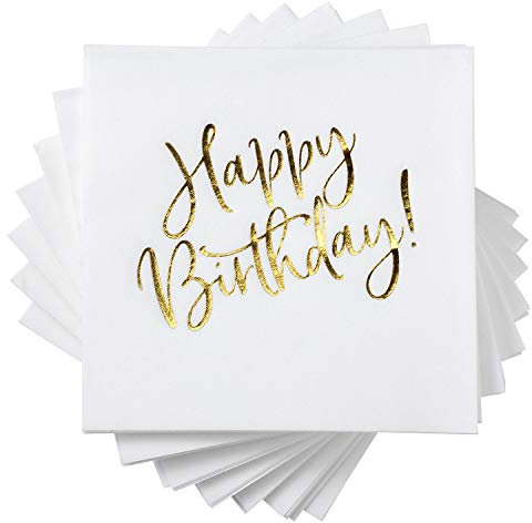 MORGIANA Geburtstag Servietten 50 Stück Weiss Gold Grün 40 x 40 CM Premium Stoffähnlich Happy Birthday Airlaid Servietten für Geburtstag Party Deco Partydeko