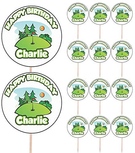 AK Giftshop Personalised Golf Course Birthday Food & Cupcake Toppers Picks Flags Party Decorations - (pack of 14)