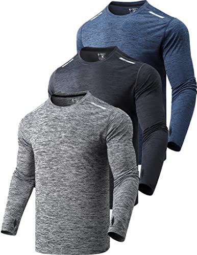 3 Pack: Men's Dry Fit Long Sleeve T Shirts, Lightweight Athletic Performance Tops with Thumb Holes Hiking, Heather Navy/Black/Dark Grey, Medium