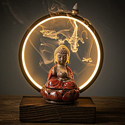 Bruciatore di incenso in ceramica a cascata con Buddha cinese a riflusso con coni di incenso con luce a LED, decorazione per casa e ufficio (rosso)
