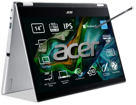 Acer Spin 1 SP114-31N - Ordenador Portátil Táctil 14 Full HD LED IPS(Intel Celeron N5100, 4GB RAM, 128GB SSD, Intel UHD Graphics, Windows 11 Home S, Stylus pen) Silver, Teclado QWERTY Español