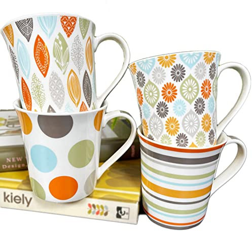 Darthome Pastel Graphics Mugs Set of 4 Bone China 380ml Assorted Retro Shapes Coffee Cups