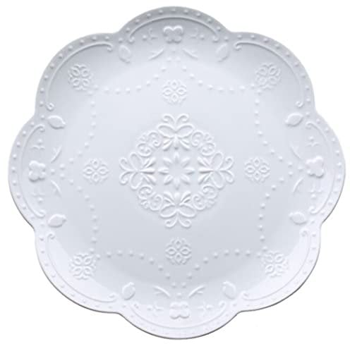 Eplze YBK Tech Elegant Round Embossed Lace Plate, Ceramic Serving Plate for Breakfast Afternoon Tea (White, 10-inch)