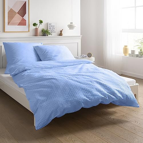 Carpe Sonno Seersucker Bettwäsche 155x220 Baumwolle | Kühlende Bettwäsche Sommer Bettbezug 155x220-cm Leichte Sommerbettwäsche Bügelfreie Bettwäsche Blau | Blaue Bettwäsche Baumwolle 155x220