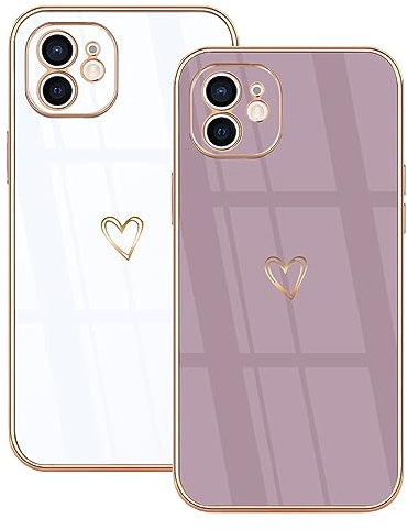 Lonrapa 2 Stück iPhone 12 Handyhülle Süße Herz Muster Motiv Hülle für Mädchen Frauen Farbe Galvanisierte Weich TPU Bumper Silikon Stoßfest Schutzhülle iPhone 12 6,1 Zoll Case Cover - Weiß & Lila