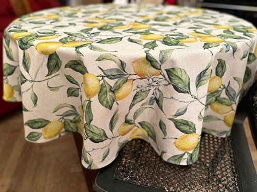 Hortensias Home Round Tablecloth Lemon Print, yellow kitchen decor, Lemon tablecloth, summer vibe in kitchen, citrus table cover, Lemon Linen (diam. 190 cm)