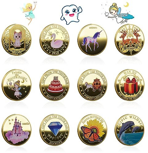 Palwin 12 Pièces Pièce de Fée des Dents avec Différents Motifs, Souvenirs de Fée des Dents pour Enfants, Dent Fairy Pièce, Cadeaux de Pièces de Monnaie pour Garçons et Filles