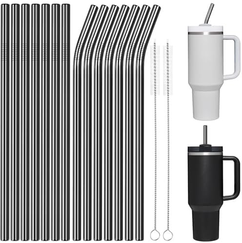 Tomorotec 40oz Straws, 14PCS Stainless Steel Replacement Straws for Stanley 40oz H2.0 Adventure Quencher Travel Tumblers with Cleaning Brushes 2PCS, Food-Grade, Dishwasher Safe for Smoothies (Black)