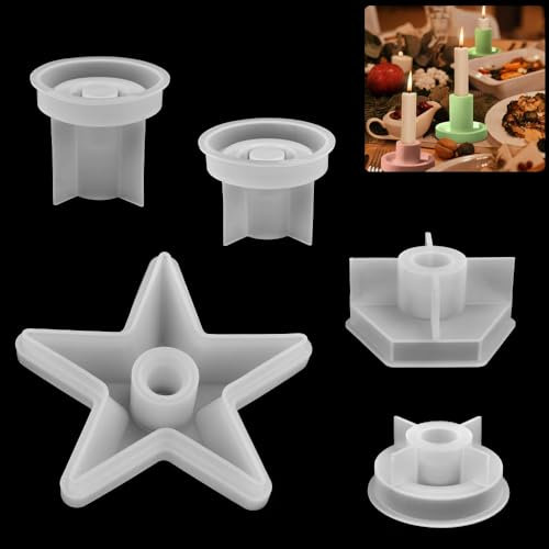 CAREDGO Silikonform Kerzenhalter, 5 Stück Gießform Kerzenhalter Set Silikon Gießform Kerzenhalter Stern Rund Silikonform Kerzenständer Stabkerze Silikon Kerzenhalter Gießform für DIY