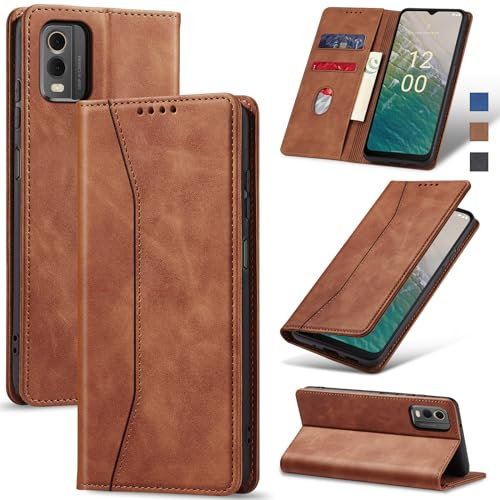 Jasonyu Case for Nokia C32 Leather Wallet Flip Cover with Card Holder,Kickstand, Magnetic Closure,TPU Shockproof Phone Case Compatible with Nokia C32 (Brown)