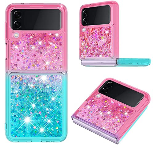 COTDINFOR Cover per Samsung Galaxy Z Flip 3 5G Custodia Brillantini Liquido Quicksand Floating Silicone colore sfumato Antiurto Protettivo Cover per Galaxy Z Flip 3 5G Pink-Blue YBJBWS.