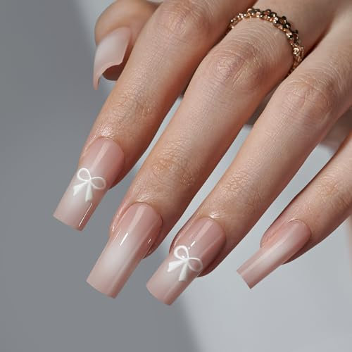 BTArtbox Press On False Nails - Pink Stick On Nails with Ombre Center, Cute Bowknot Design Fake Nail with Nail Glue, Fit Perfectly & Natural Reusable Glue On Nails in 15 Sizes, Bowknot