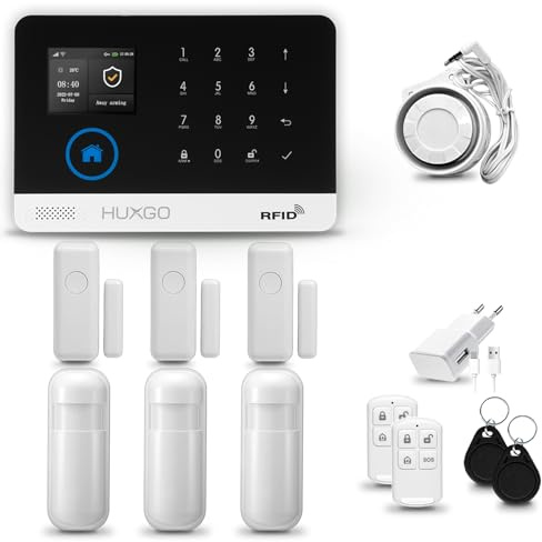 HUXGO® HXA003 Alarmanlage für Haus WiFi + GSM 4G Set mit Sirene | Funk Alarmanlage Wohnung mit App. TUYA |Alarm System mit 3X Bewegungssensor, 3X Fensteralarm/Türsensoren | Smart Home