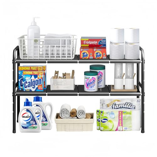 Mointal Erweiterbares Unter Waschbecken Regal, 2-Stufig Küche Bad Regal Unter Spülbecken Schrank Organizer, Schuhregal mit 8 Abnehmbaren Platten, Länge/Höhe Einstellbar, Schwarz