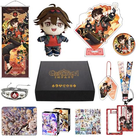 MOTAO Genshin Impact Box Xiao Hu Tao Qiqi Merch Set - Puppe, Poster, Kissenbezug, Standfigur, Armband, Abzeichen, Schlüsselanhänger, Kartenhülle, 30 Lomo Karten, 50 Aufkleber (Gaming)
