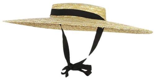 Sombrero de paja natural para mujer, hecho a mano, de ala ancha, elegante, con parte superior plana, correa de cinta larga, Cinta negra, Hat Brim 15CM