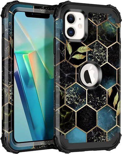 Petocase Compatible with iPhone 11 Case,Three Layer Heavy Duty Shockproof Full Body Protection Hard Plastic Bumper+Soft Silicone Protective Girls Cover Case for Apple iPhone 11 6.1 inch,Black Marble