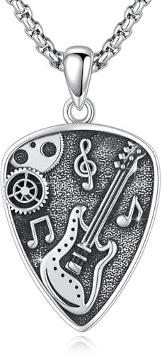 YueYuan Gitarren Plektrum Halskette 925 Sterling Silber Gitarre Anhänger Plektrum Kette Musik Schmuck Geschenk für Herren Musikliebhaber Gitarristen Hip Hop Rapper