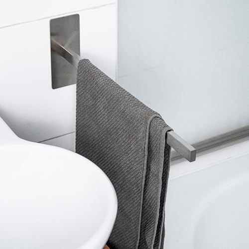 ELMOWO - Premium Edelstahl Handtuchhalter ohne Bohren selbstklebend inkl. Spezialkleber (extrem sicherer Halt) Wand Handtuchstange für Bad - Moderne Handtuchhalterung für Badezimmer einarmig (Silber)