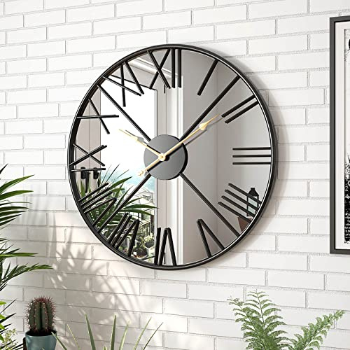 69,8 cm große moderne Spiegel-Wanduhr, römische Ziffern, leise, nicht tickend, für Wohn-, Schlaf-, Küche- und Bürotürme, schwarze Dekoration