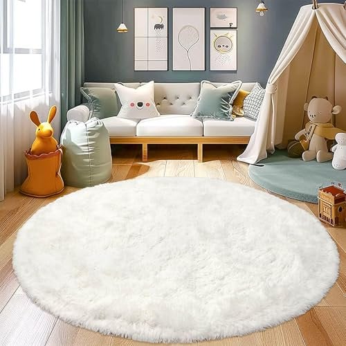 BSGIFT Teppich Hochflor Rund 200 cm Creme, Shaggy Langflor Teppich Wohnzimmer Flauschig, Modern Wohnzimmerteppich Bettvorleger High-Pile Carpet rutschfest für Schlafzimmer Kinderzimmer
