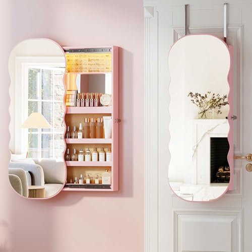 Gurexl Schmuckschrank mit Spiegel, Schmuckschrank Hängend LED Spiegelschrank Abschließbarer Wandspiegel zum Aufhängen der Wand Großer Stauraum für Schlafzimmer Rosa