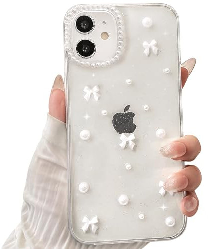 NITITOP Kompatibel mit iPhone 12/12 Pro Hülle Klar Süßes 3D Schleife Niedlich Durchsichtig für Frauen Mädchen Glitzer Muster Perle Design Bling Sparkly Schutzhülle Handyhülle - Weiß